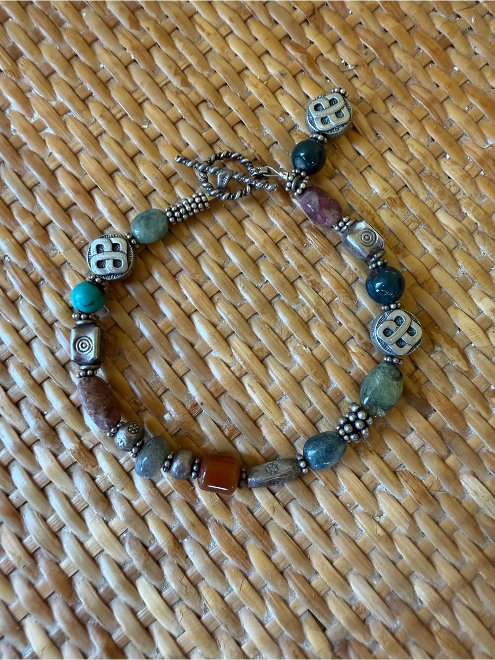 Semi-precious stone bead bracelet with Celtic spacer beads and toggle clasp